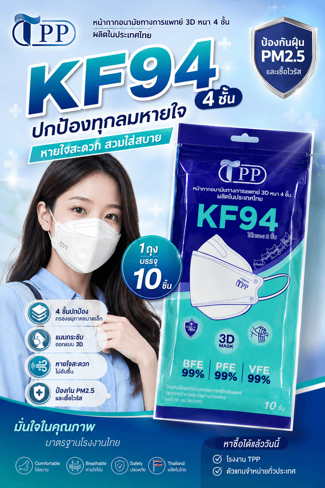 หน้ากากอนามัย KF94 แบบซอง 10 ชิ้น ตรา Tpp -